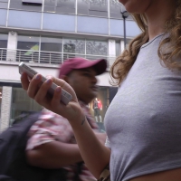 Tight grey skirt with no bra and pokies
