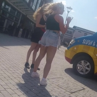Blonde in frayed shorts