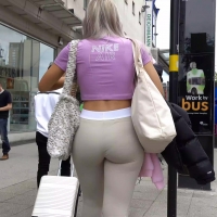 Hot blonde in light leggings