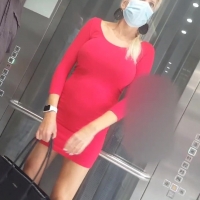 Blonde milf in red skirt