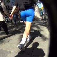 Blonde in blue shorts