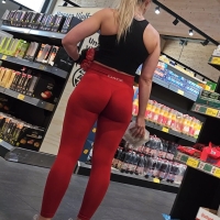 Blonde in red leggings