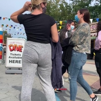 Braless blonde in joggers
