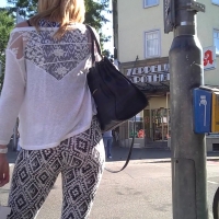 Blonde in patterned leggings