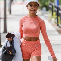 Skai Jackson in peach shorts