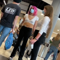 Braless pink haired girl