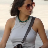 Braless brunette
