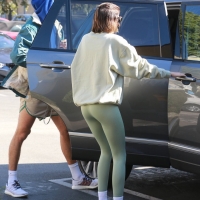 Kaia Gerber in light green leggings