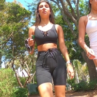 Brunette in biker shorts