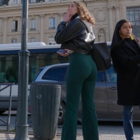 Tight green pants booty