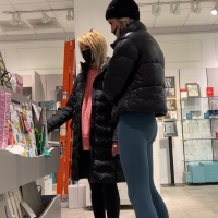Skinny blonde in blue leggings